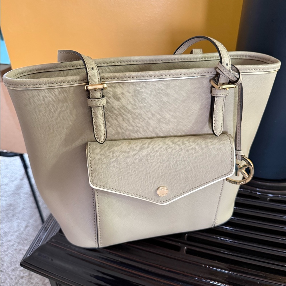 Michael Kors Beige Saffiano Pocket Tote with Gold Hardware